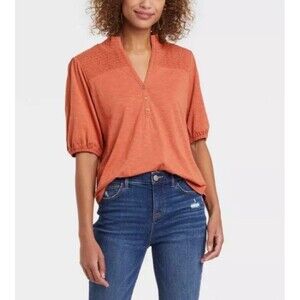 Knox Rose Womens Rustic Peasant Blouse Smocked Yoke Top Short Sleeve Sz XXL